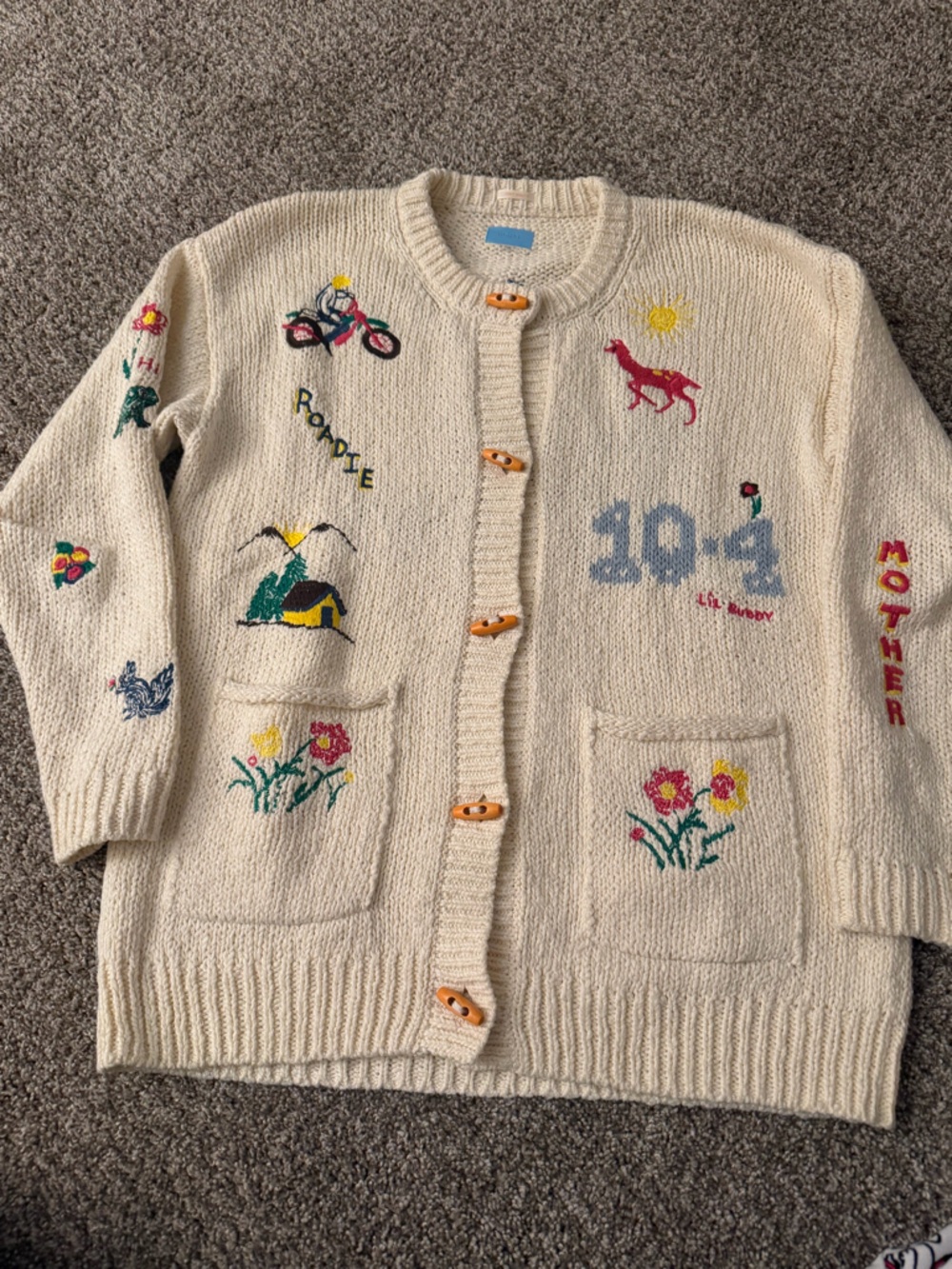 Mother Cream Embroidered Button-Up Cardigan with Floral & Motif Details